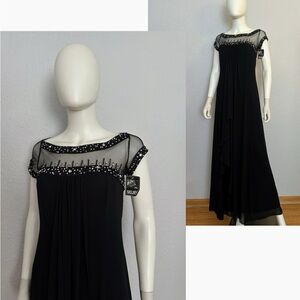 NWT Chic Black Evening Dress Illusion Neckline Short Sleeves Formal Chiffon Gown